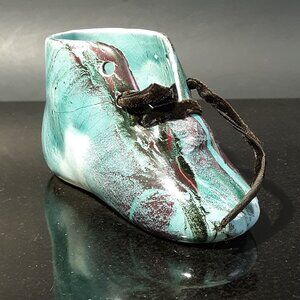 Vintage Blue/Black Glaze Baby Bootie Planter Shoelaces Birth Shower Christening